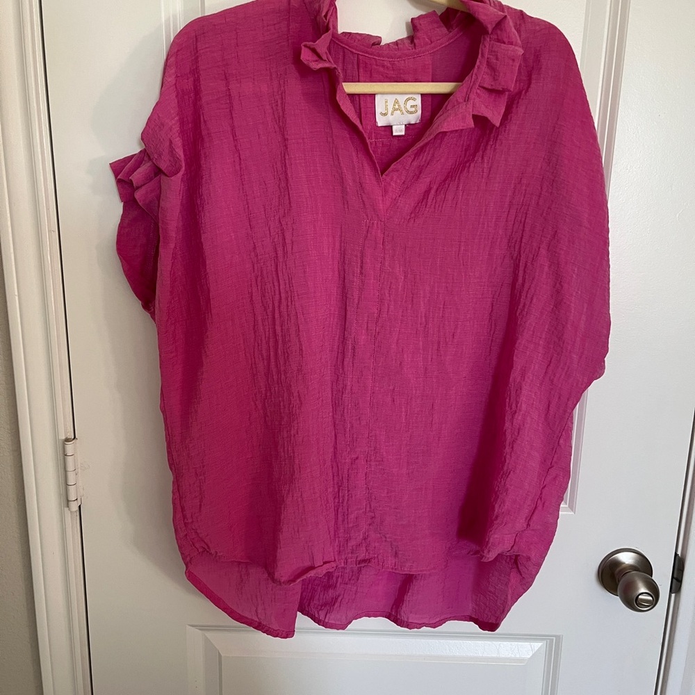 Jag Jeans Ruffle V-Neck Blouse in Bright Fuchsia